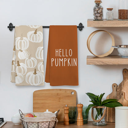XNXLDYLH Fall Hello Pumpkin Kitchen Towels and Dishcloths Sets of 2, Fall Burnt Orange Beige White Pumpkin Decor Dish Hand Tea Towels Gifts for Bathroom Kitchen, Autumn Aesthetic Fall Decor, 16x24 in