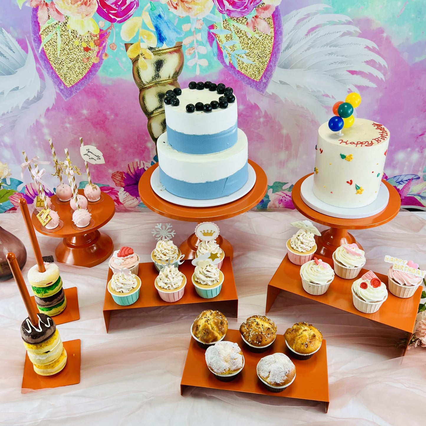 FESTLOVE Set of 8 Orange Cake Stands Donut Holder Round Metal Dessert Display Risers Cupcake Stand Serving Platter for Weddings Birthday Baby Showers Anniversary Party