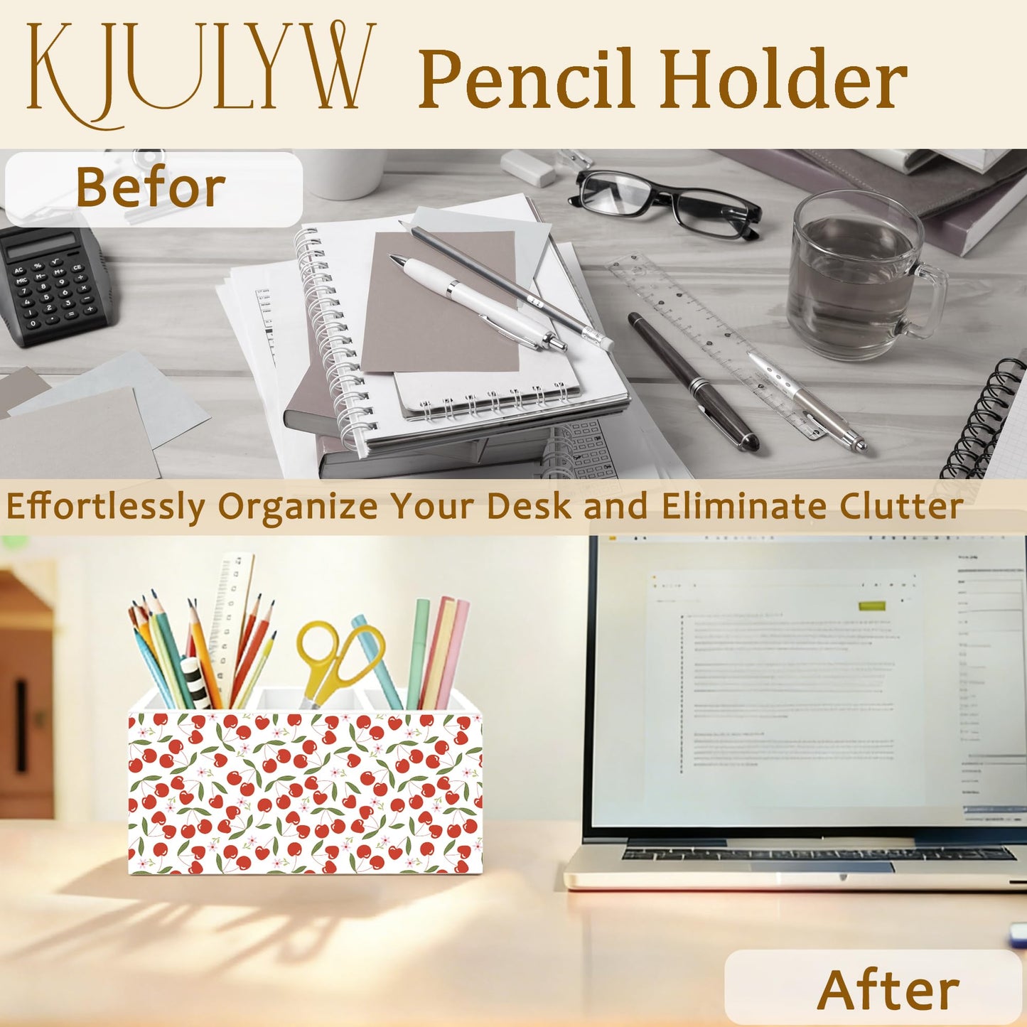 KJULYW Cute Cherry Pen Holder for Desk, Cherry Gifts for Women, Girly Aesthetic Cherries Floral Wooden Box Pencil Pen Holder Organizer for Home Office Desk Accessories