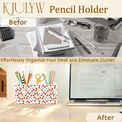 KJULYW Cute Cherry Pen Holder for Desk, Cherry Gifts for Women, Girly Aesthetic Cherries Floral Wooden Box Pencil Pen Holder Organizer for Home Office Desk Accessories