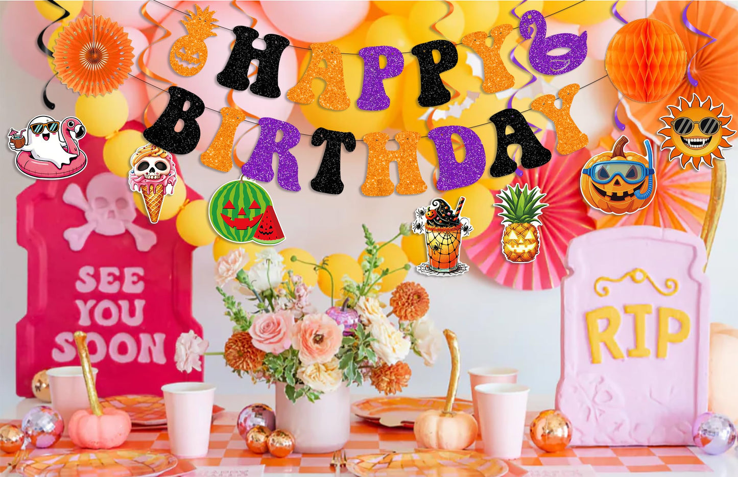 Summerween Decorations Happy Summerween Birthday Banner Hanging Swirls Honeycomb Balls Paper Fans Circle Confetti Dots Hanging Garland for Summer Halloween Birthday Party Decorations