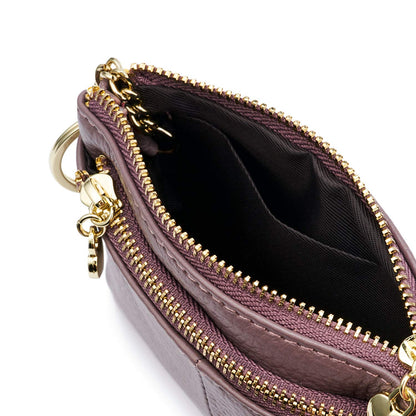 ZOOEASS Coin Purse Women Genuine Leather Zip Mini Purse With Key Ring Triple Zipper Card Holder Wallet (Purple)