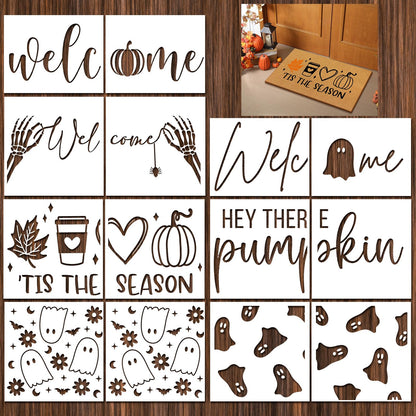 Yookeer 14 Pcs Fall Halloween Stencils for Door Mats, Reusable Pumpkin Ghost Welcome Templates for Autumn Halloween Painting on Doormat Wood Signs Wall Crafts DIY Project
