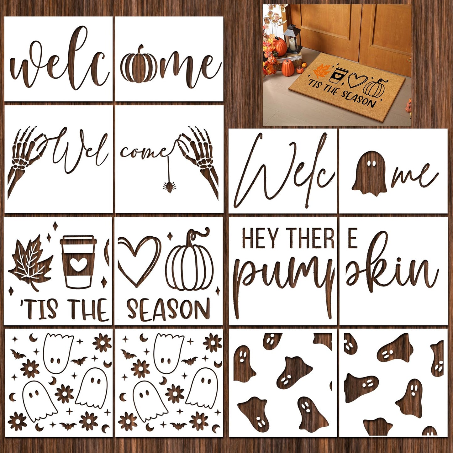 Yookeer 14 Pcs Fall Halloween Stencils for Door Mats, Reusable Pumpkin Ghost Welcome Templates for Autumn Halloween Painting on Doormat Wood Signs Wall Crafts DIY Project