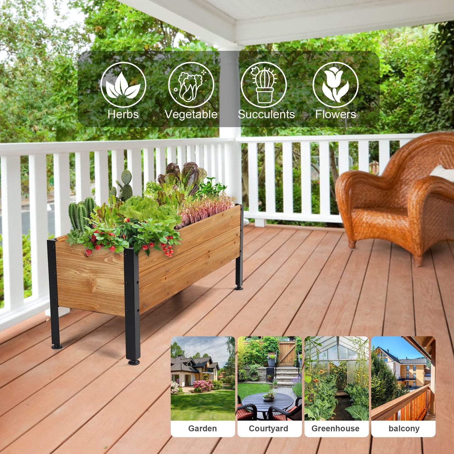 OIPRTGFJ Wood Rectangular Garden Planter Box Raised Garden Bed Outdoor,Planters for Outdoor Plants 37x13x15in Elevated Planter Box for Herbs Vegetables Flowers Great for Patio Deck Balcony