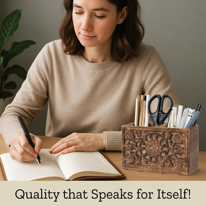 Mie Creations 2 Slot Rustic Pencil Holder Pen Stand for Desk Organizer | Handcarved Wooden Pen Holder for Desktop Table, Wood Office Accessories | Multipurpose School Stationery Craft Supplies 6''