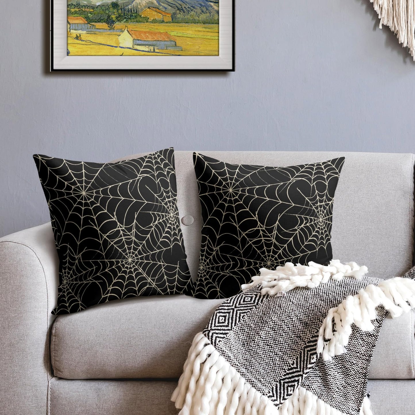 Halloween Spiderweb Pillow Covers 18x18 Set of 2 Black White Spider Web Outdoor Decorative Throw Pillows Halloween Scary Themed Farmhouse Pillowcases Linen Cushion Case Decor for Home Sofa Couch Bed