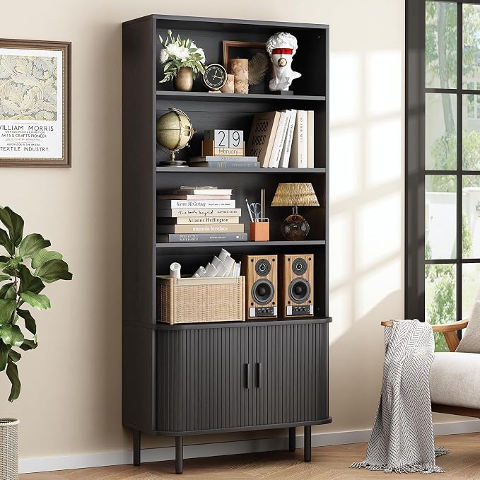 ONBRILL 71" Tall Bookshelf, 4-Tier Bookcase with Storage Cabinet & Adjustable Shelves, Floor Standing Wooden Bookshelf with Sliding Door and Adjustable Footpad, for Home Office, Living Room, Black
