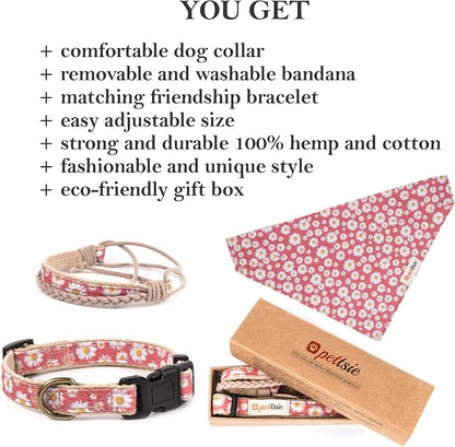 Pettsie Hemp Dog Bandana Collar & Matching Owner Friendship Bracelet | Adjustable, Durable Hemp, Soft & Comfortable, Secure D-Ring, Matching Friendship Bracelet, Pink