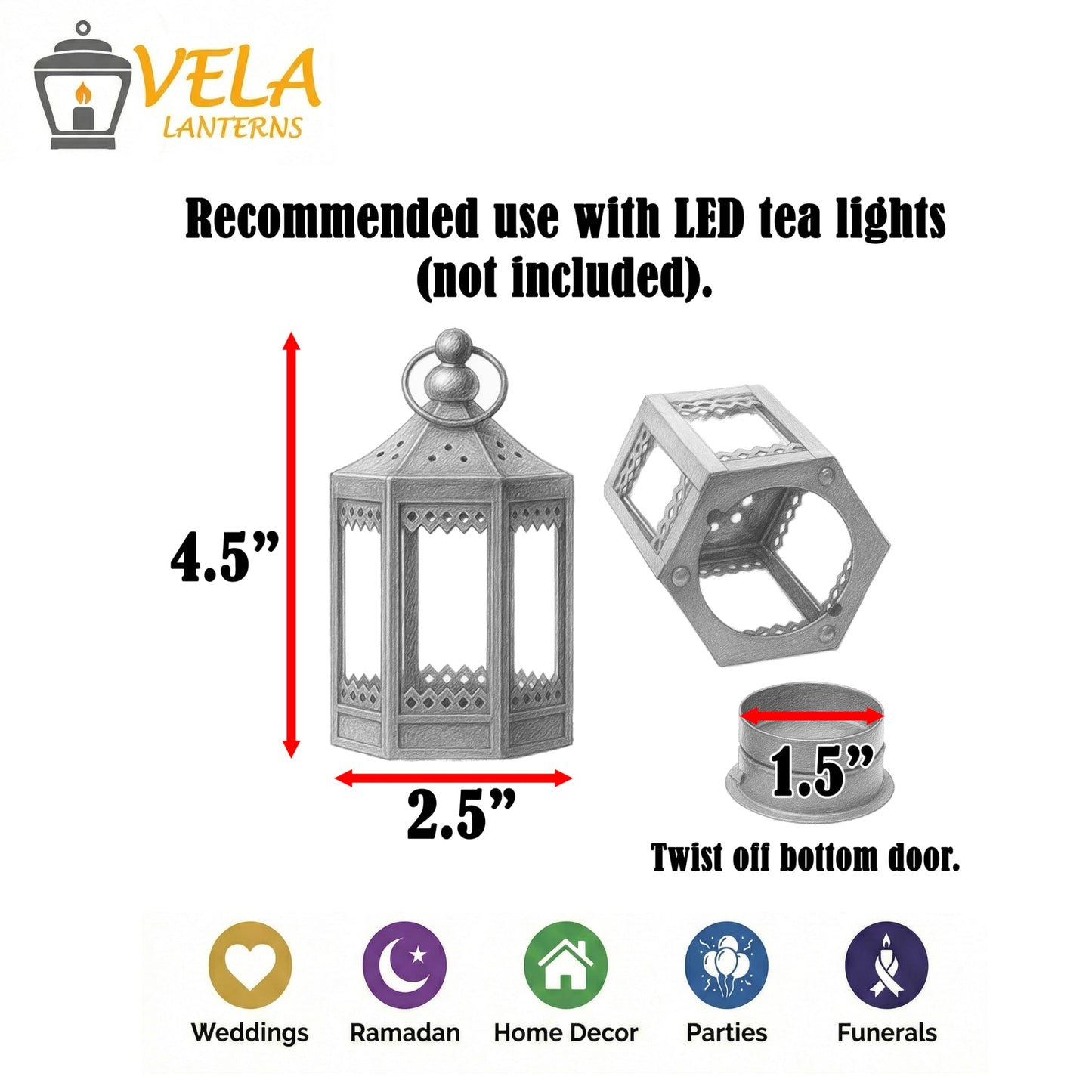 Vela Lanterns Tea Light Candle Holders, Mini Table Centerpieces, Black