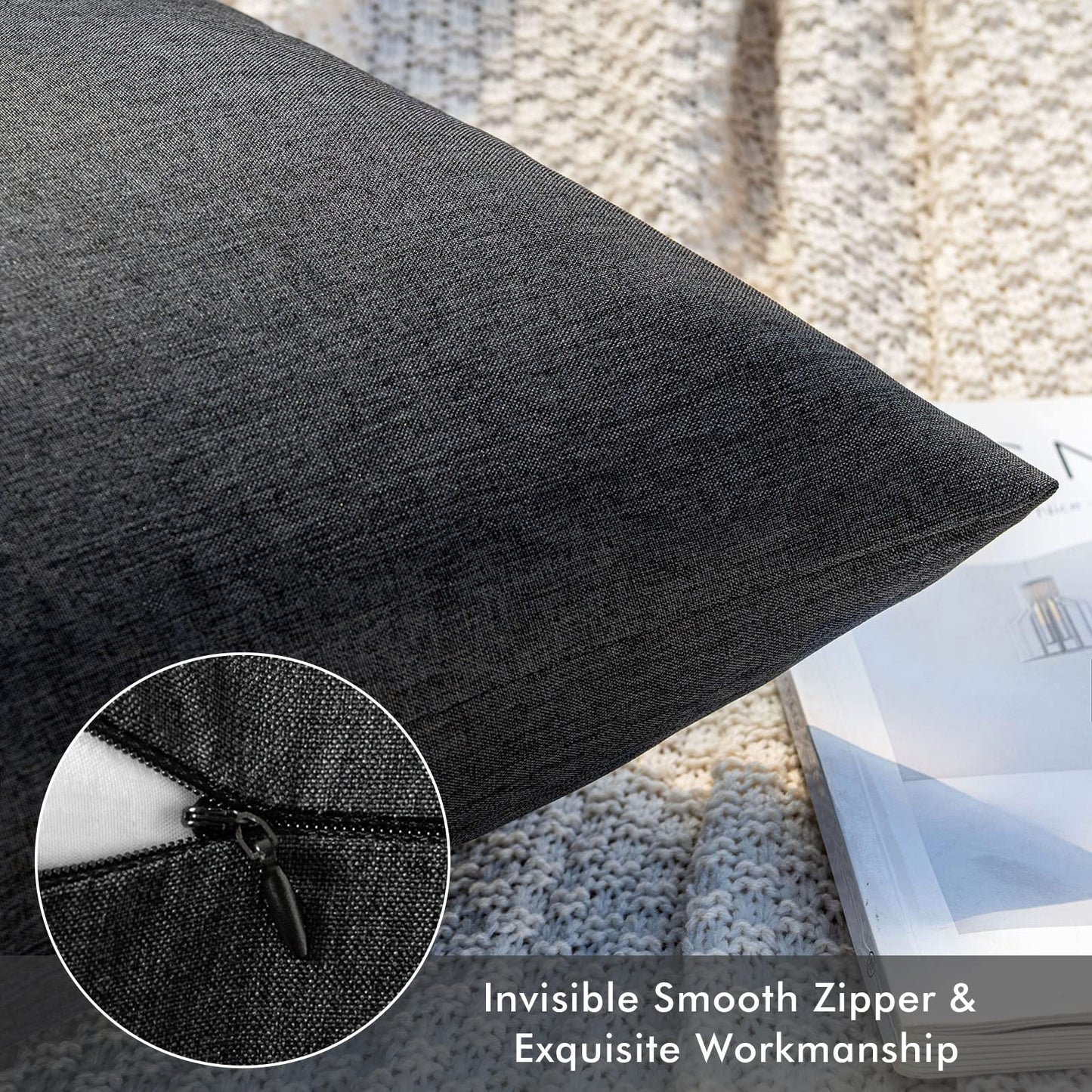 MIULEE Pack of 2 Decorative Outdoor Solid Waterproof Throw Pillow Covers Faux Linen Garden Farmhouse Cushion Cases for Halloween Tent Balcony Couch Sofa 18x18 Inch Black