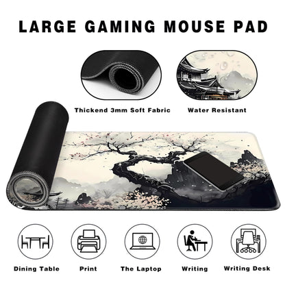 Extended Gaming Mouse Pad Anime Large Desk Pad with Non-Slip Base Full Keyboard Mat with Stitched Edges for Gaming and Office 31.5 x 11.8 inches (Wash Painting)