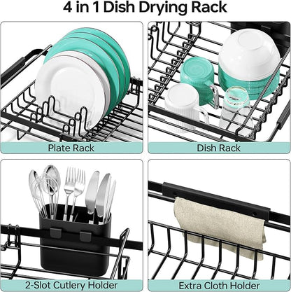 Urackify Dish Drying Rack in Sink - Stainless Steel Expandable (14.5''-18''L) Over The Sink Dish Rack with Utensil Holder, Space-Saving Dish Drainer for Kitchen Counter, 1 Piece, Matte Black