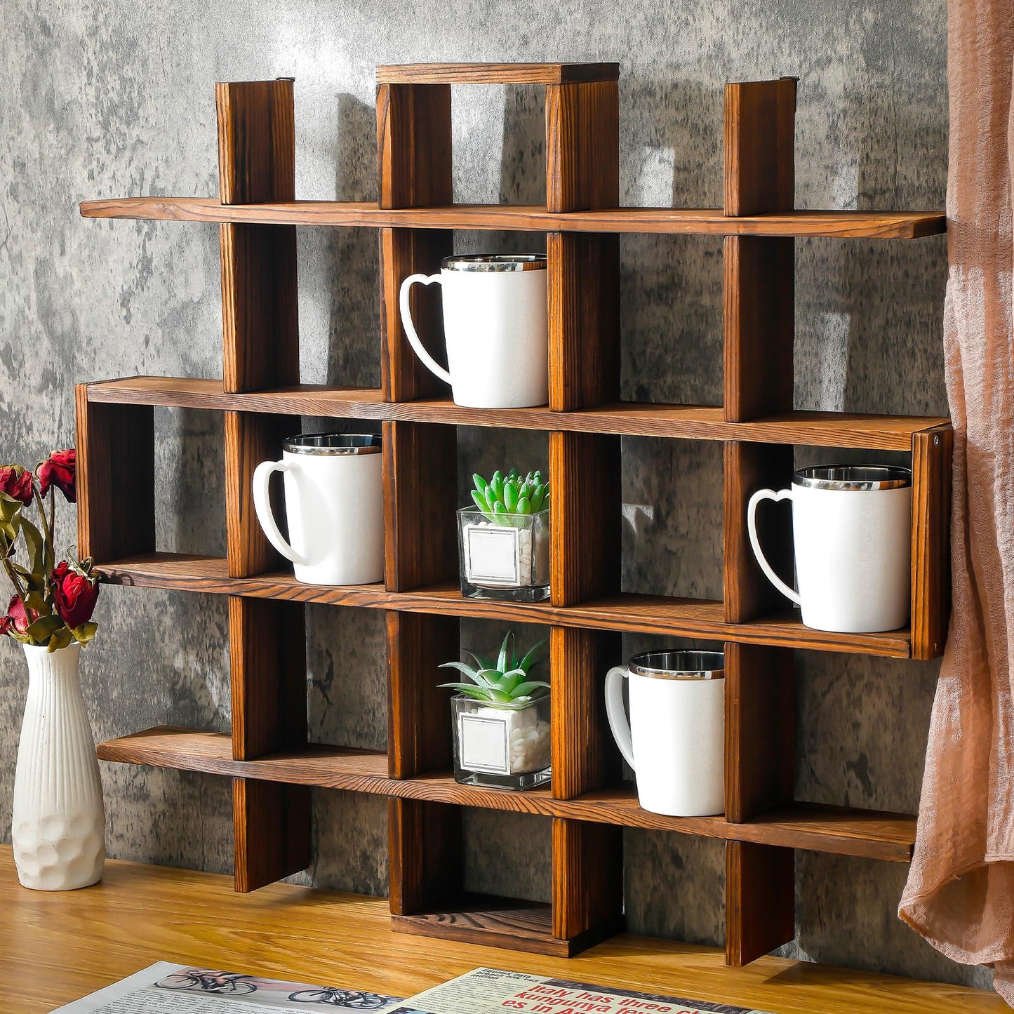 Suzile Oversize Coffee Mug Display Rack Wooden Display Shelves Rustic Wooden Floating Curio Shelf Travel Wall Mounted Coffee Mug Rack Holder Shadow Box Shelf(Grid Size 5.1x5.1x3in,Rustic Brown)
