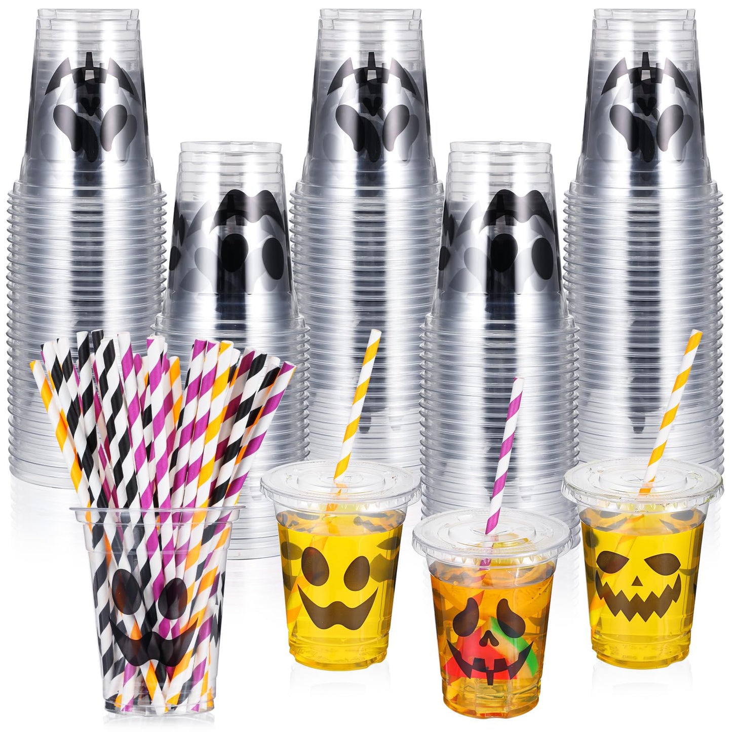 Suttmin 120 Sets Halloween Ghost Disposable Cups 12 oz Plastic Cups with Lids Disposable Drinkware with Paper Straws for Halloween Party Supplies Pirate Events Tableware Decorations Beverage Snacks