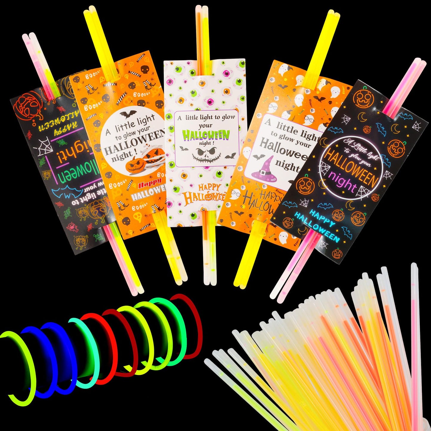 LiYiQ 50 Packs Halloween Gifts Cards with 100 Glow Sticks Let Your Light Shine Cards with Glow Sticks Pumpkin Cards for VBS Sunday Supplies (Halloween)