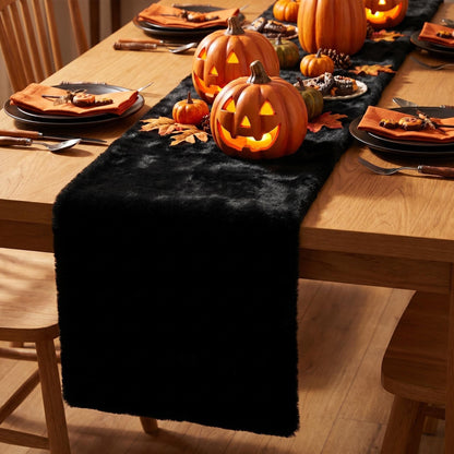duduta Black Faux Fur Table Runner 48 inches Long, Luxury Fluffy Dresser Runner Nightstand Covers Halloween Wedding Holiday Decor
