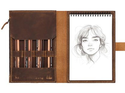 Fasjosma Leather Sketchbook Cover for A5/5.5"x8.5" Top Spiral Bound Sketch Pads - Handmade Genuine Leather Artist Case with Pencil Holder & Zipper Pocket, Professional Drawing Supplies