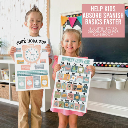 Hadley Designs Spanish Posters for Classroom - 12 Bilingual Educational Posters for Spanish Classroom Decorations Must Haves, Calendario y Alfabeto en Español Para la Pared, Boho Teacher Supplies