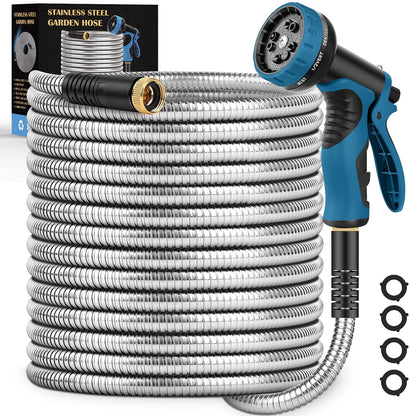 Garden Hose 50FT, Water Hose with 10 Function Nozzle, Garden Hose Metal with Leak-proof Connectors, Kink-Free & Ultra Flexible, Rust/Pet/Puncture Proof for Lawn, Yard, RV, Car Wash, 550PSI
