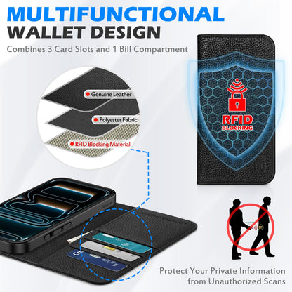 SHIELDON Real Leather Case Wallet for iPhone 17 Pro Max 6.9-inch | Foldable, Kickstand, RFID Blocking Credit Card Slot, Magnetic Closure, TPU Protective Inner Cover 5G 2025 - Pebbled Black