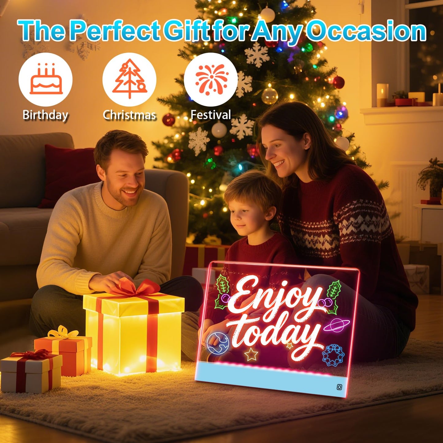 Rechargeable LED Drawing Board for Kids, 16" Light Up Acrylic Dry Erase Board, Lumi Board LED Note Board with Invisible Stand Glow Doodle Board Birthday Easter Gifts for Kids Blue