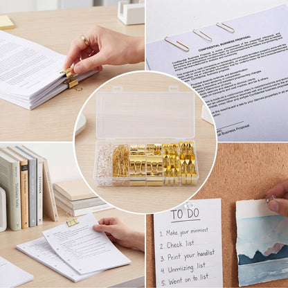 BESARME Gold Paper Clips and Binder Clips Set, 279 Pcs Gold Desk Accessories Assorted Office Essentials in Organizer Box for Office School Home Paper Sorting Note Pinning