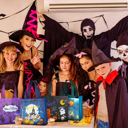 Sweetude 50 Pcs Halloween Bags Halloween Tote with Handles Non Woven Bags for Gifts Wrapping Party Supply, 7.9x7.9x3.15''(Creepy)