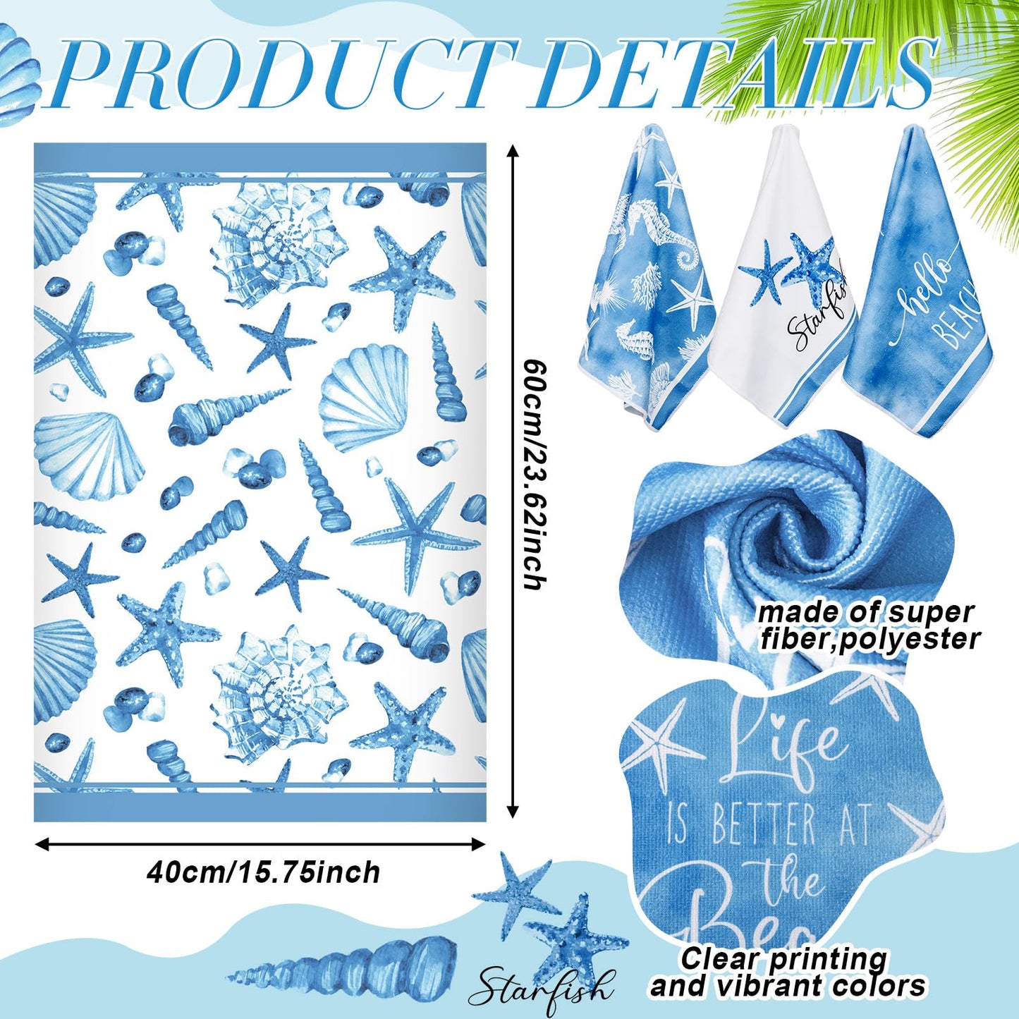 Oudain 6 Pcs Beach Kitchen Towels Ocean Coastal Hand Towel Sea Theme Nautical Starfish Shells Tea Dishcloths 24 x 16 Inches Seahorse Dish Cloths for Home Kitchen Bathroom Xmas Gifts