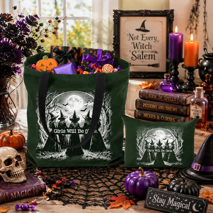 Laffact Aesthetic Witchy Canvas Bag for Women - 2Pcs Cute Girls Will Be Girls Quotes Canvas Tote Bag Makeup Pouch, Funny Black Magic Witch Reusable Grocery Shopping Handbag Gift for Halloween Birthday