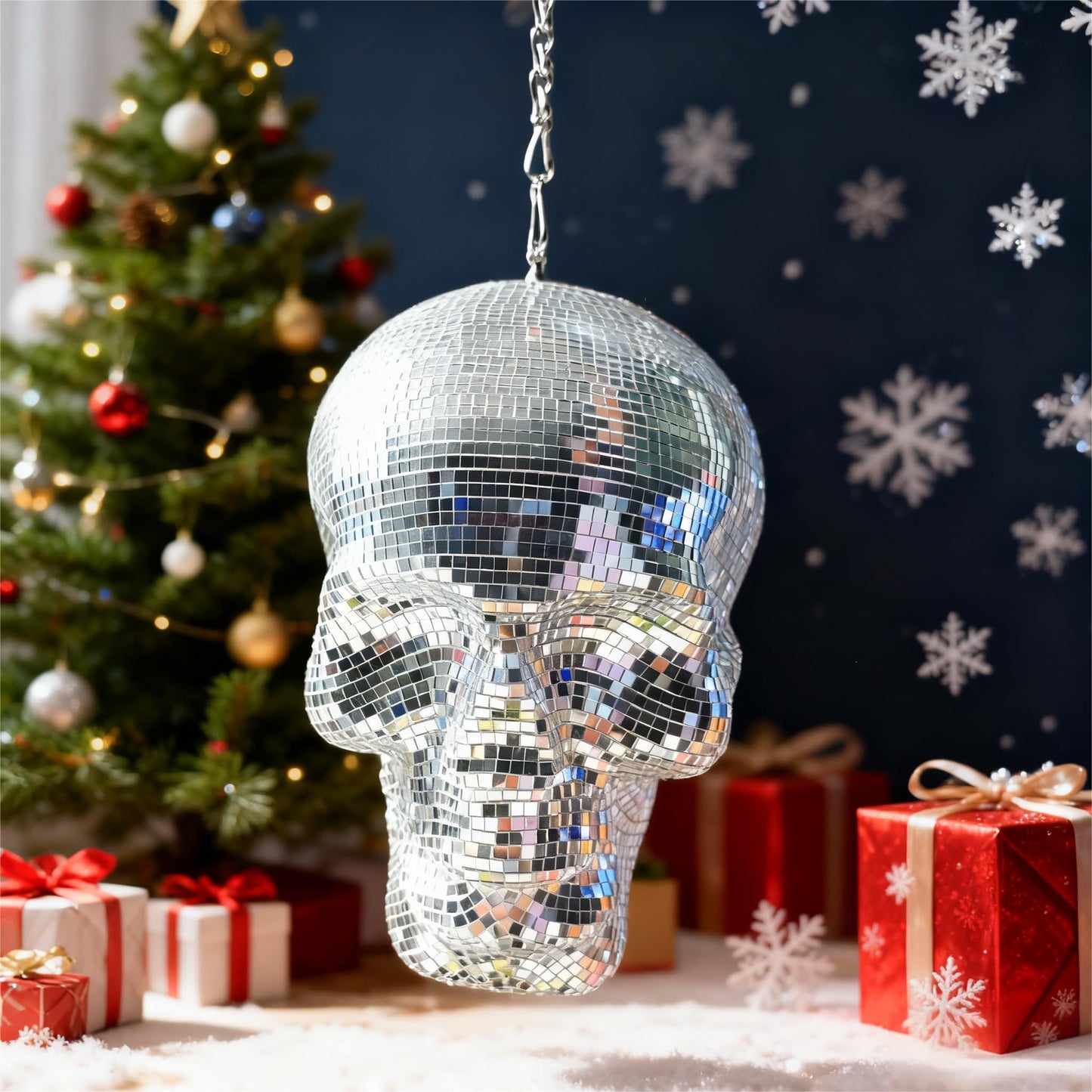 Disco Ball Skull Head, Holiday Hanging Skeleton Decor, 6x6x8inch Handmade Sculpture Shiny, Disco Skeleton Head, Skull Model, Unique Reflective, Party, Home, Silver