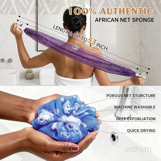 ARCH&M African Exfoliating Net Sponge with Knots | Authentic African Net Spong, Daily Use Afroscrub, Smoother Skin, Body Scrubber & Back Scrub, Exfoliating Wash Cloths