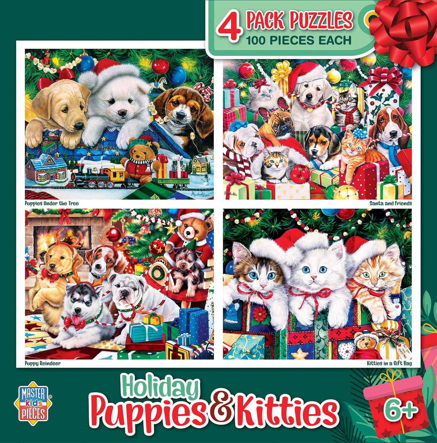 MasterPieces – Jigsaw Puzzle Set for Kids 6+ Years, 4-Pack of 100 Pieces, Educational and Fun Game, Holiday Puppies & Kitties Collection, Gift Idea for Children, 8" x 10"