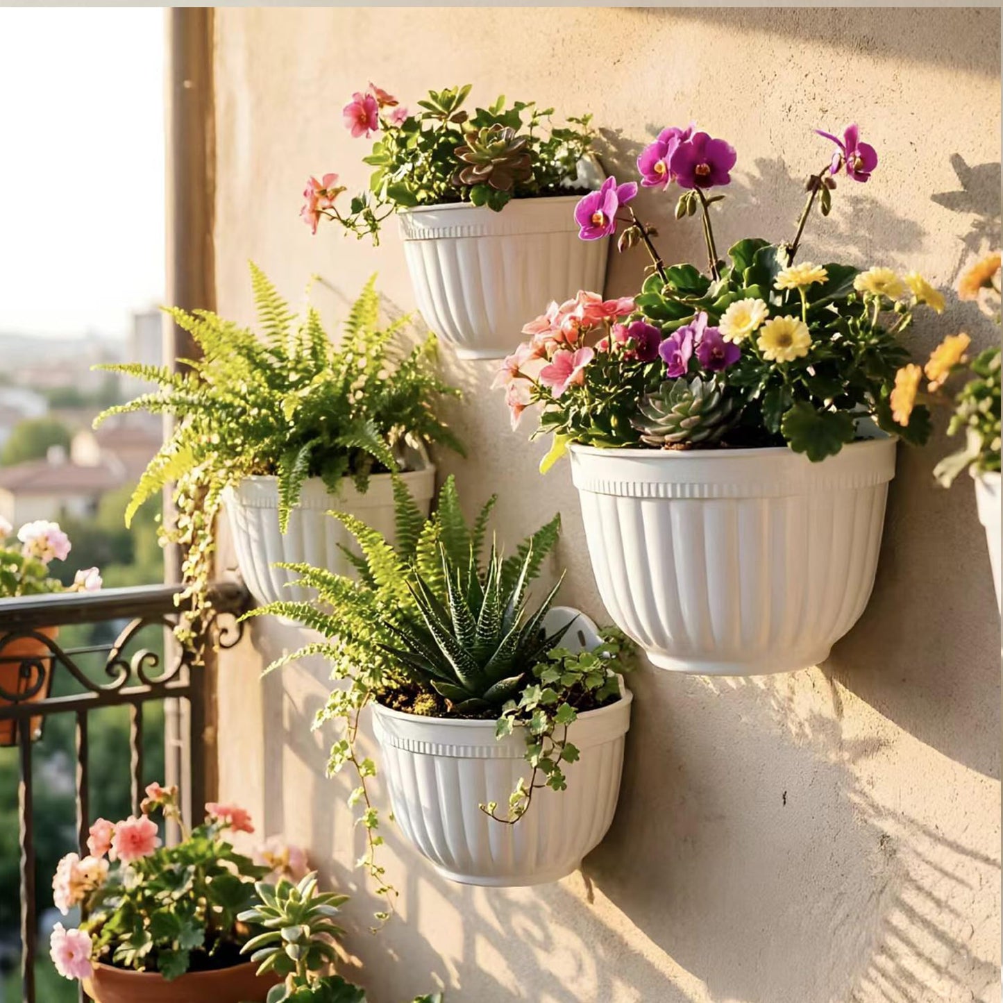 5 Pack Resin Wall Hanging Planter Pot Vertical Garden Living Wall Mount Window Hang Indoor Outdoor Plant Flower Basket for Kitchen Herbs Balcony Railing Shelf Fence Bedroom Trellis Decor Modern White