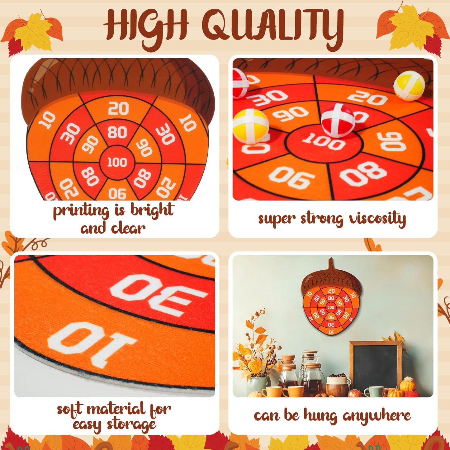 TEASIK Thanksgiving Acorn Dart Board - Fall Crafts for Kids,Halloween & Thanksgiving Decorations with 10 Balls,Autumn Party Wall Decor for Family Game Night (21.3x16.5 Inch)