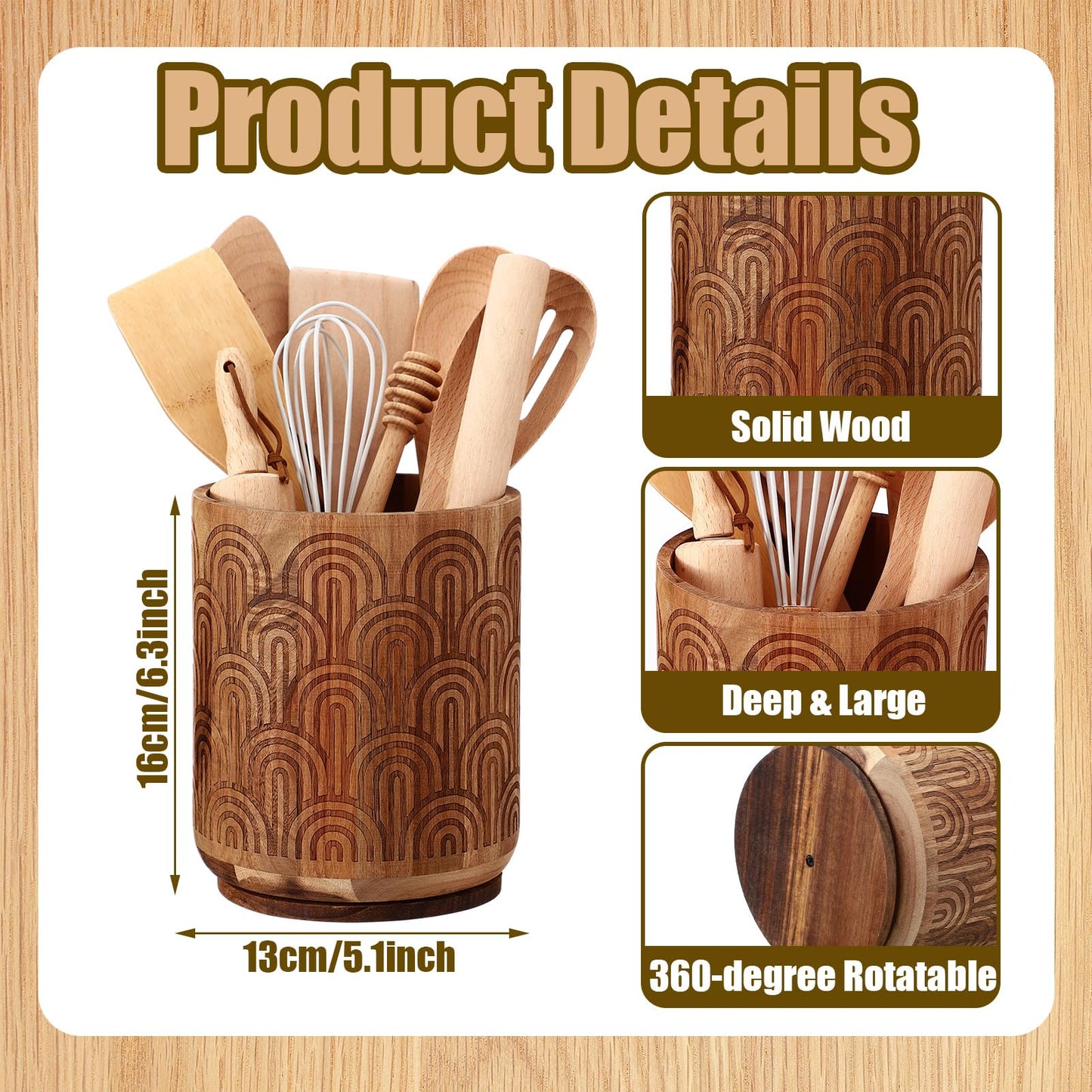 Acellegic Acacia Wood Utensil Holder for Kitchen Counter, 360° Rotating 6.3" Wooden Spoon Spatula Organizer Rustic Cooking Utensil Crock Arch Design for Kitchen Countertop Farmhouse Decoration