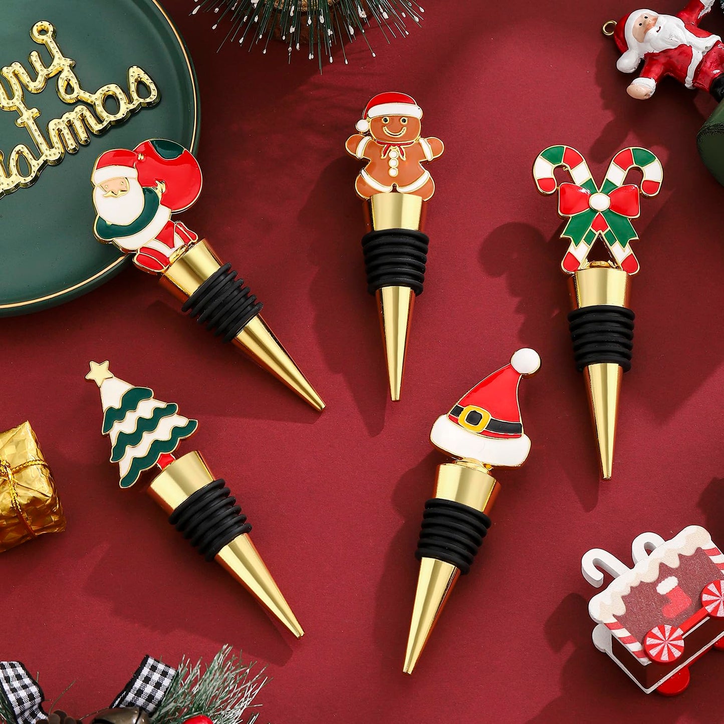 5 pcs Christmas Wine Stopper Christmas Wine Bottle Stoppers for Xmas Decor Winter Decor-Wine and Beverage Bottle Stopper for Christmas,Christmas Decoration Wine Stopper (Red and Green)