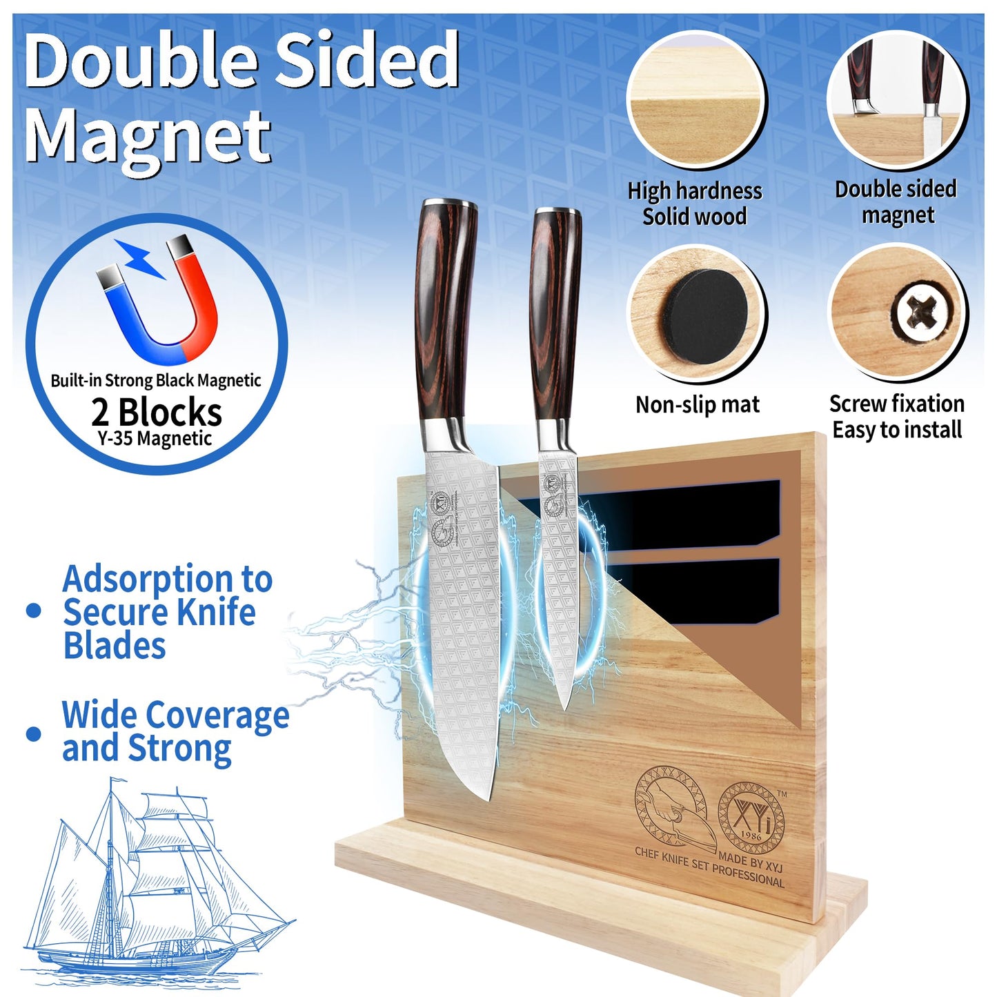 XYJ Authentic Since 1986, Magnetic Knife Block, Double Side Kitchen Knife Stand, Acacia Wood, Magnetic Knife Holder with Strong Enhanced Magnets,Knives Storage Rack Stand for Home Kitchen
