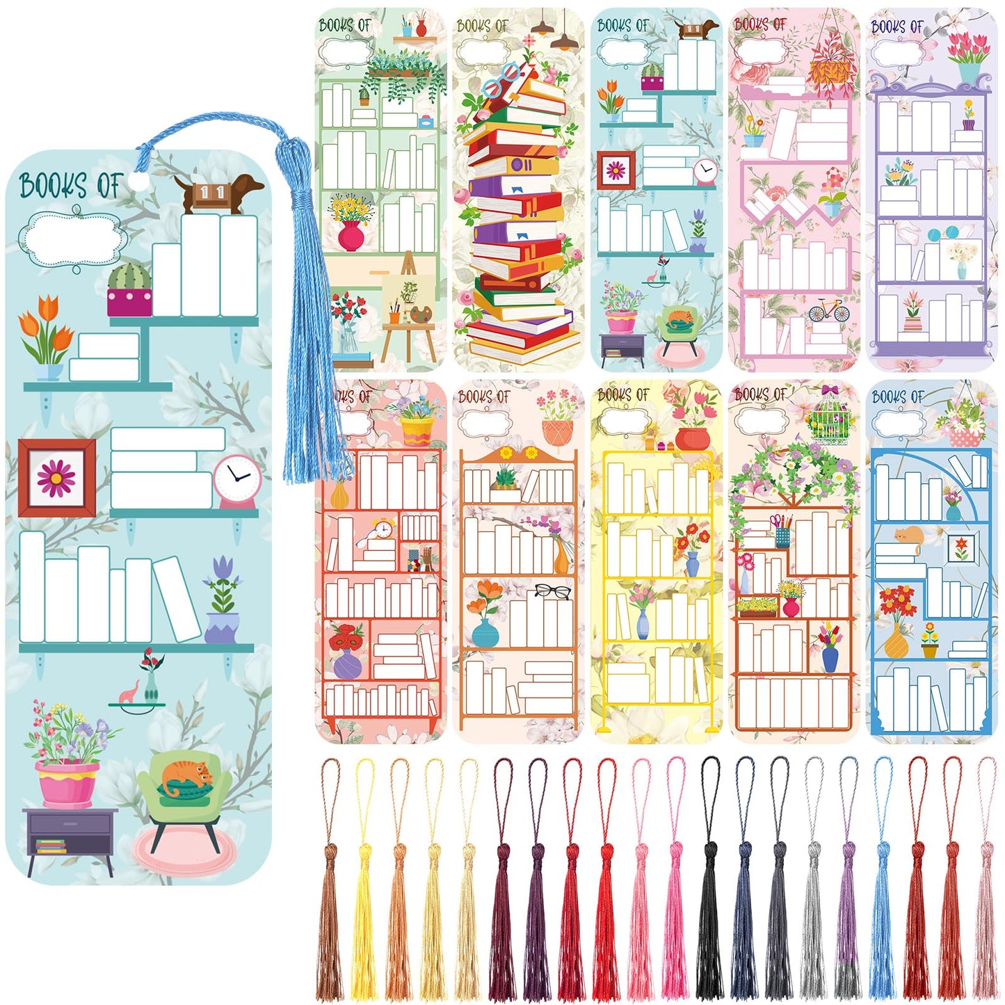 100 Pcs Book Tracker Bookmarks with 100 Tassels Bookshelf Design Reading Page Markers Double Sided Bookmarks Gifts for Book Lovers Book Club Gifts