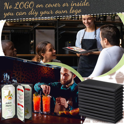 Jexine 30 Pcs Leather Menu Covers Holders - 4.25 x 11 Inches 4 View Fold Black Leather Menu Book with Angled Corners Waterproof for Restaurant Cafe Bar Wine Drinks List Covers Set