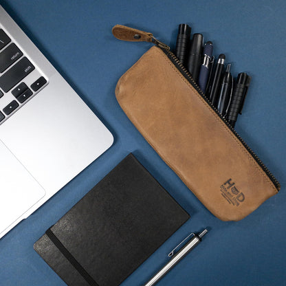 Hide & Drink, Rectangular Pencil Case, Pen & Marker Pouch for Men and Women, Flat Zippered Holder, Classic Style for Artists, Full Grain Leather, Handmade, Single Malt Mahogany