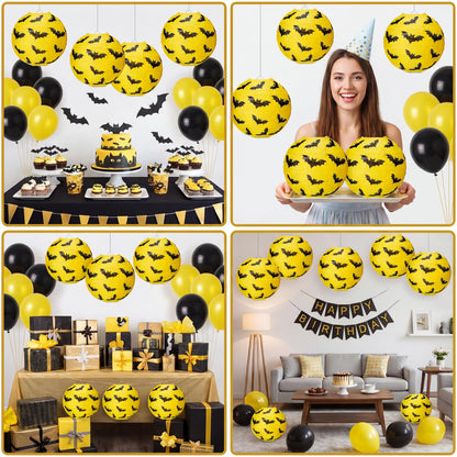 Glooglitter 12 Pcs Bat Paper Lanterns Hanging Decorations Yellow & Black Bat Theme Party Supplies for Birthday Baby Shower Halloween Party Ceiling Decor, 8 Inch