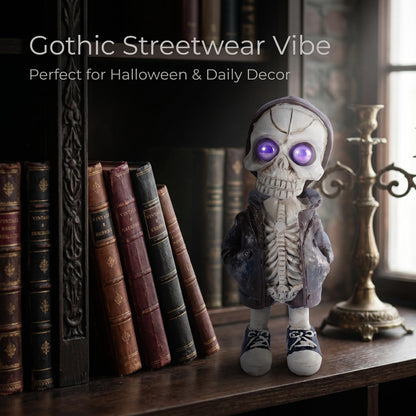 Brizoria Skeleton Decorations Skull Figurine in Hoodie with Purple Eyes Resin Gothic Tabletop Decor Small Skeleton Figure for Halloween Shelf Desk Skull Home Decor Display