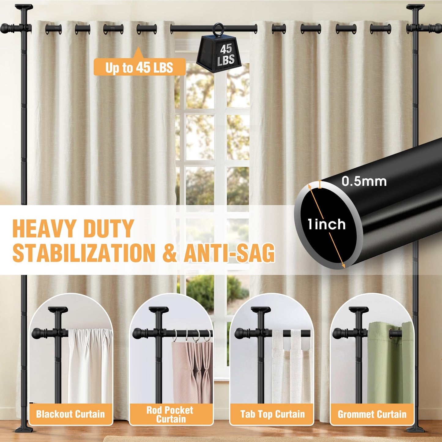 AKTOP Room Divider Curtain Rod, No Drilling Privacy Room Separator for Space Partition, 4-11ft(H) 28-117”(W) Adjustable Heavy Duty Floor to Ceiling Wall Divider Tension Rod for Room Separation, Black