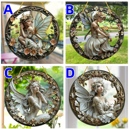 VTYFRY Flower Fairy Garden Decorations Angel Wing Christmas Halloween Deco Statue Art Elf Sculpture Hanging Craft for Outdoor Yard Courtyard Lawn Patio Window Acrylic Ornament Home Gift (A,L: 8*8 IN)