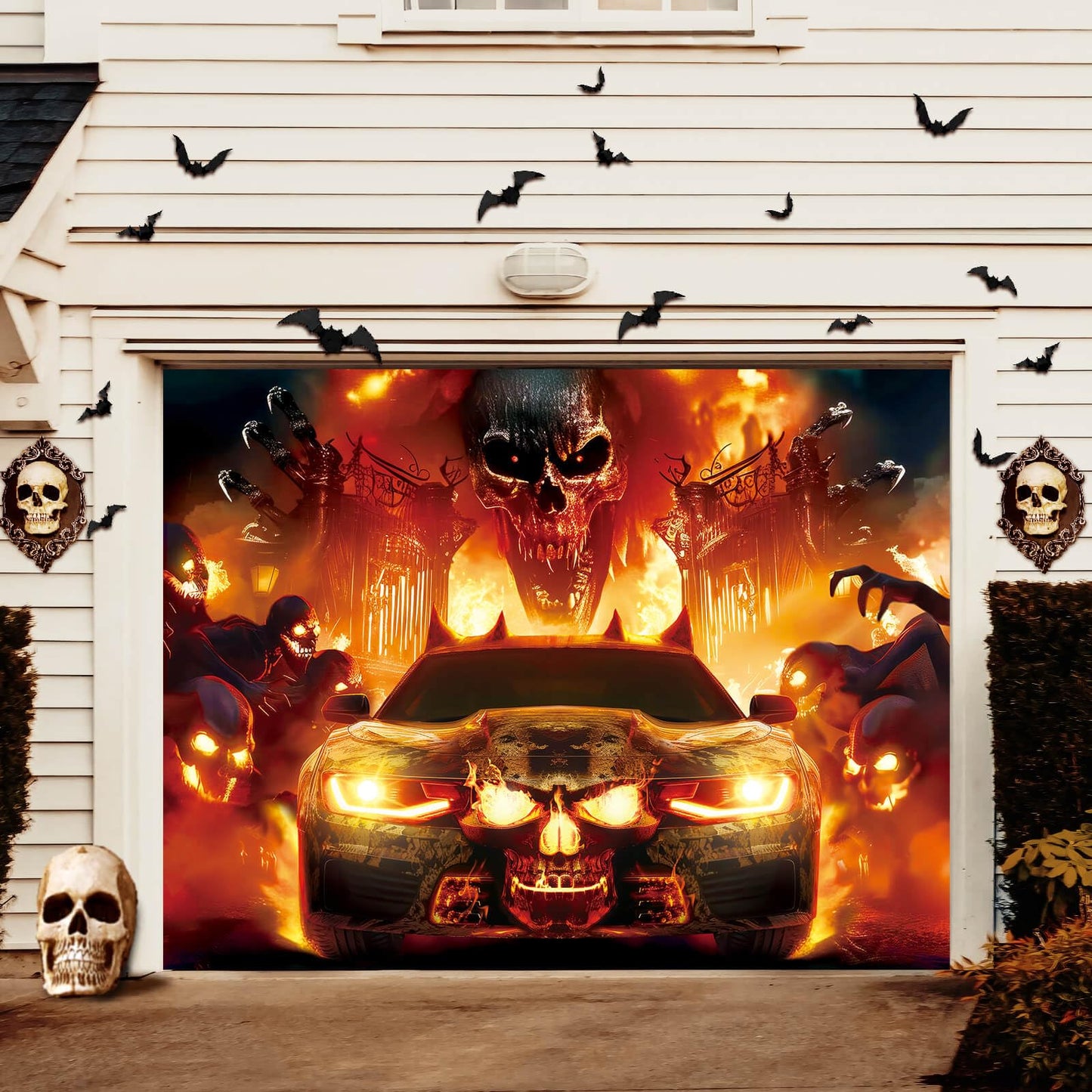 YUSPENYE Halloween Garage Door Decorations with Skull & Fire Vehicle Design, Durable Halloween Garage Door Banner for Single Garage Doors 7x9 ft, Outdoor Party Backdrop