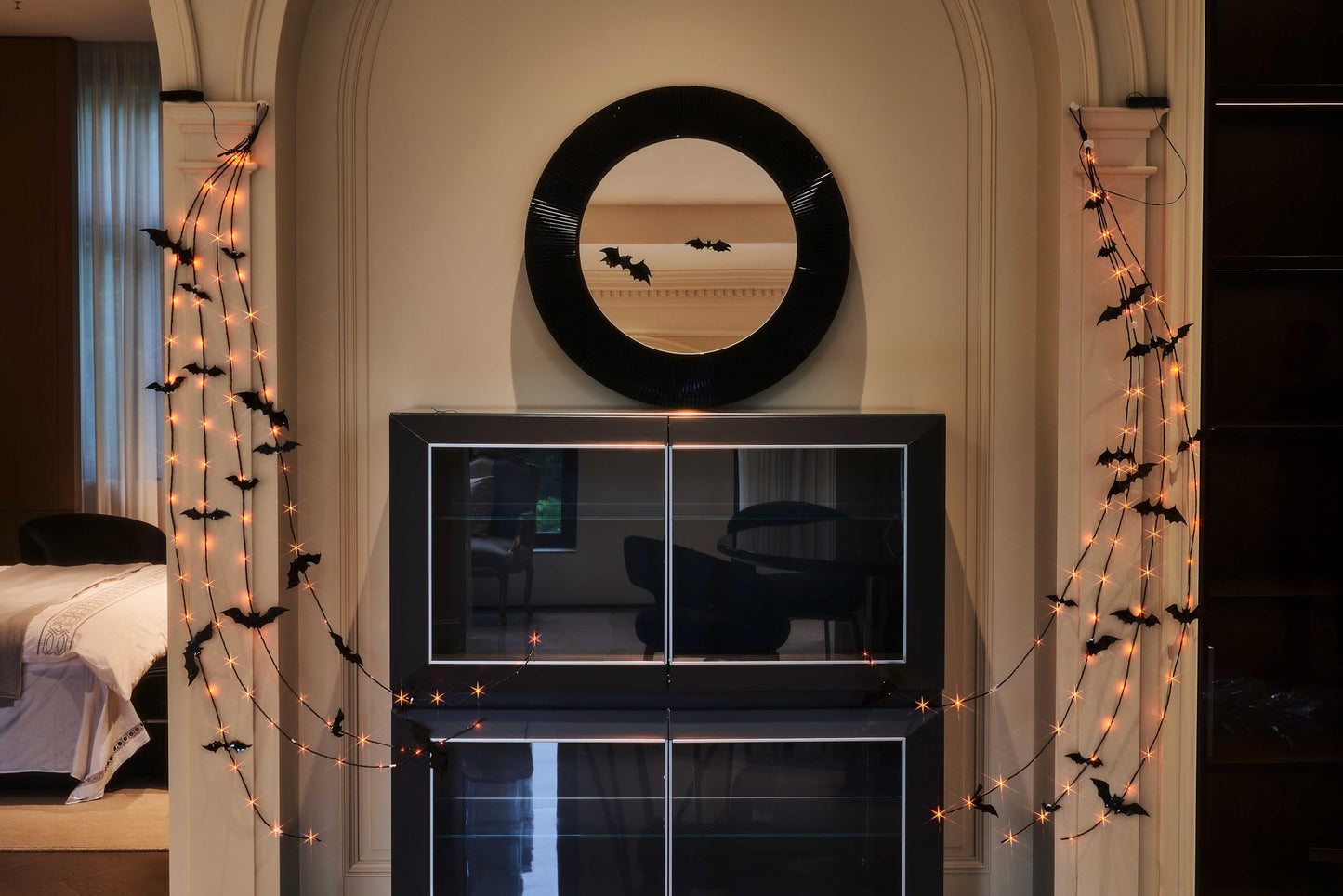 LITBLOOM Halloween Garland with Lights 6FT 80 Orange and Warm White Fairy Lights, Lighted Black Garland Battery Operated with Timer Lit Bats for Wall Porch Decoration (2 Pack)