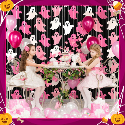 Suncalla 2 Pack Pink Ghost Halloween Party Decorations Halloween Metallic Foil Fringe Curtain 3.3 x 6.6 ft Photo Booth Prop Backdrop Streamers for Night Party Supplies Pink and Black Birthday Decor