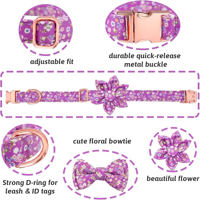 Dog Collar and Leash Set Girls Adjustable Puppy Collars with Floral Bow Tie for Small Medium Large Female Dogs, Purple, XS