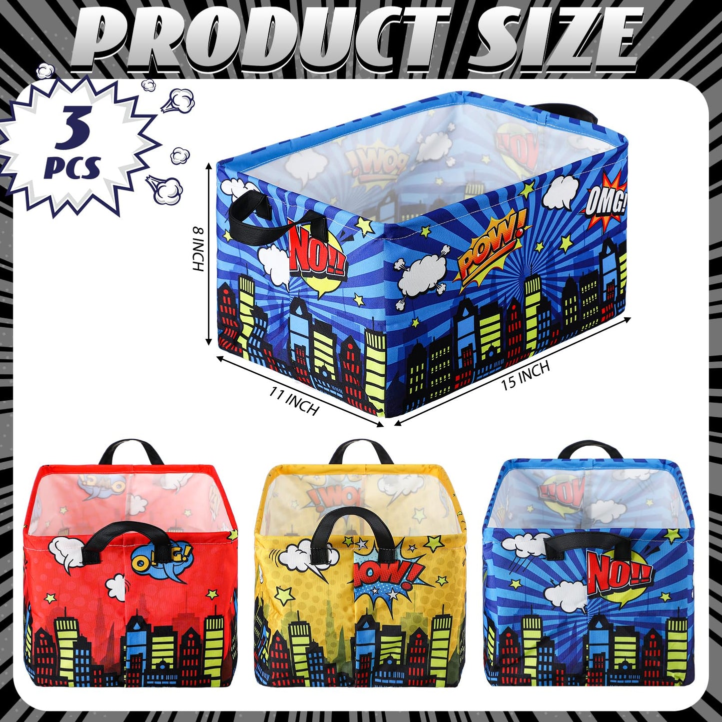 Maxdot 3 Pack Hero Comic Book Storage Themed Basket Large Gifts for Laundry Hamper Basket for Kids Room Nursery Collapsible Toy Clothes Storage Collection Bin(City,Rectangle)